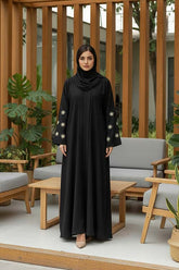 Star Bloom Black Abaya | Embroidery Front-Open